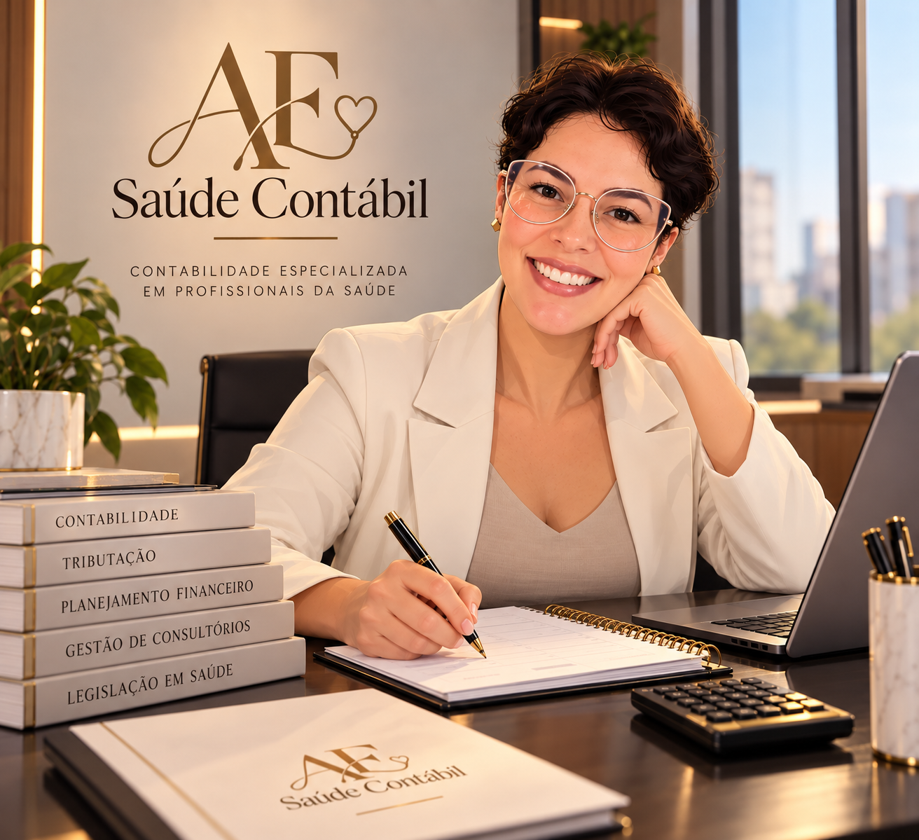 Flávia sorrindo em seu ambiente de trabalho como contadora